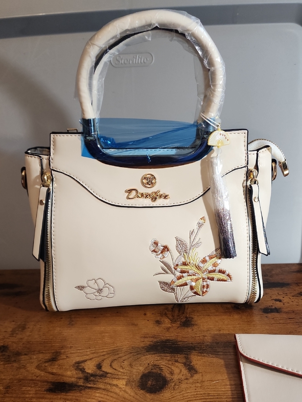 Beige Floral Embroidered 3pcs Set Women's Handbag With Elegant geometric Print,